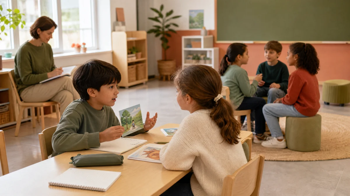 Dinámicas de PNL para hablar en público: pequeño grupo de estudiantes de primaria practicando exposición oral