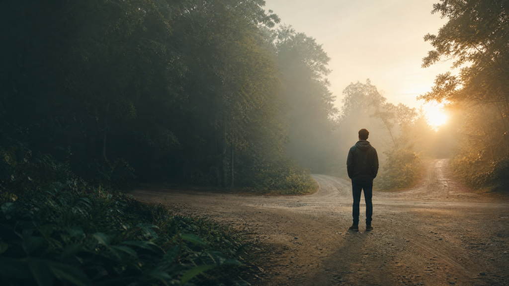 Camino iluminado al amanecer como metáfora de una decisión y un nuevo rumbo