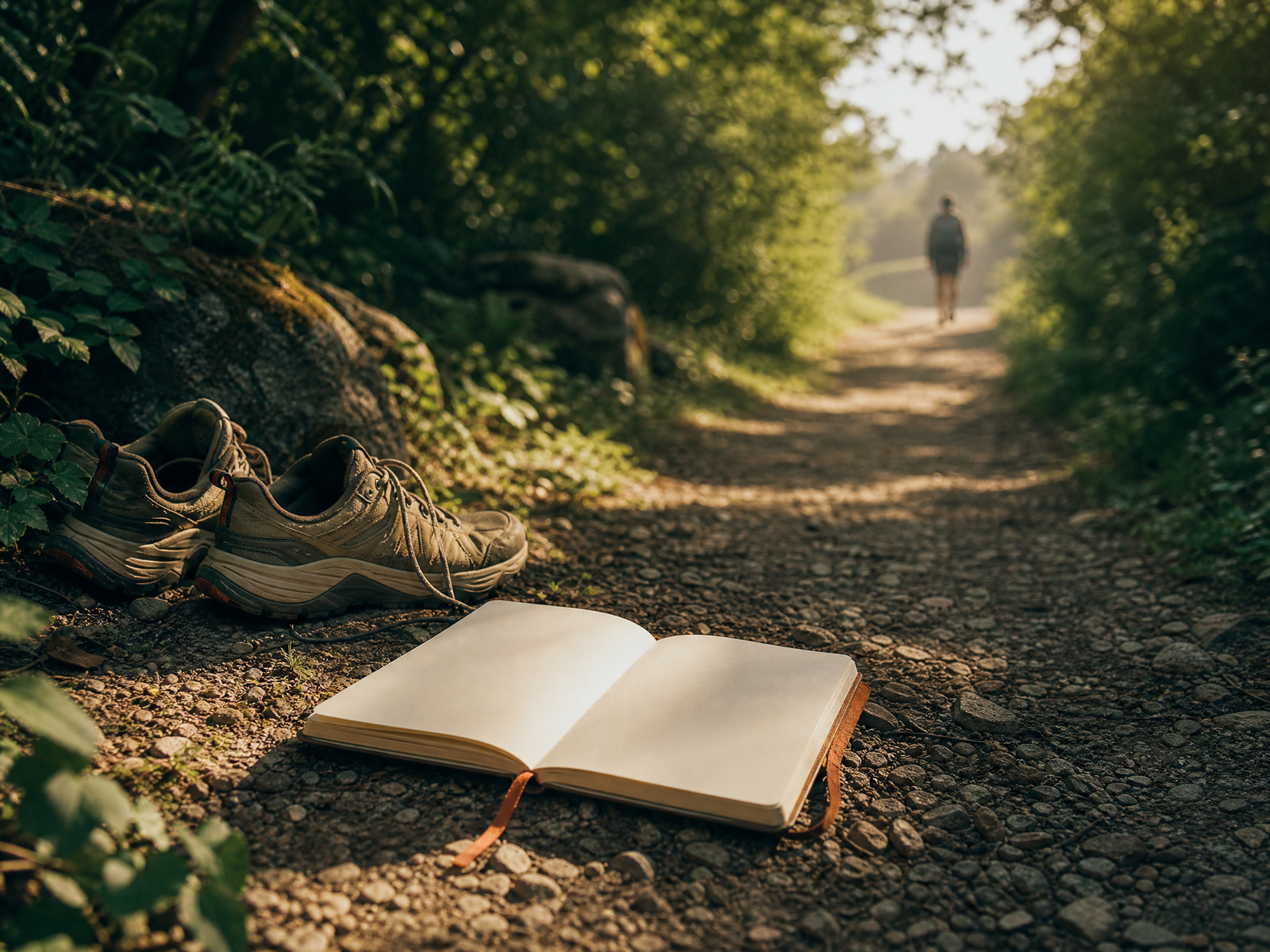 Cuaderno abierto y camino iluminado como símbolo de un nuevo comienzo
